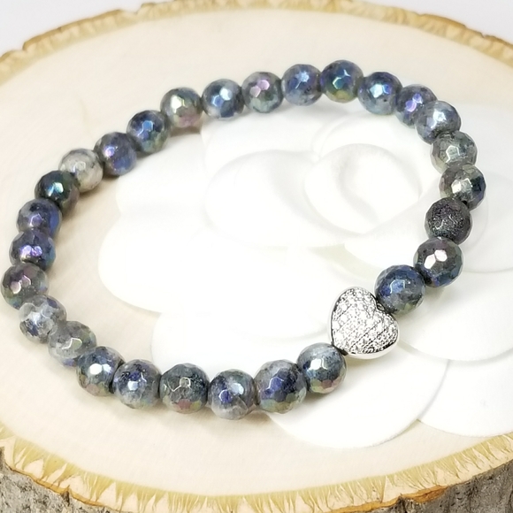 Labradorite Gemstone Pave CZ Heart Bracelet NEW - Picture 2 of 8